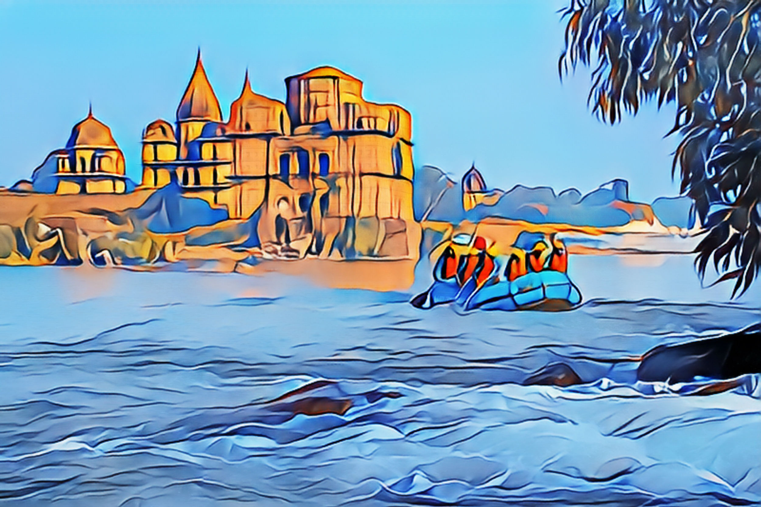 tourist enjoying river rafting in orchha on the rapids of the betwa river water.